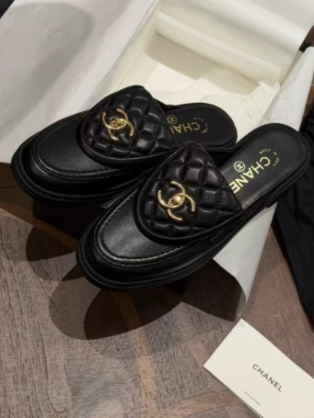 Chanel Black Quilted Leather CC Logo Platform Mule Slides, Size EU 38 (US 7.5)